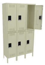 A beige metal locker with six compartments arranged in two rows of three. The top right compartment door is open, revealing an empty interior. The locker has black handles on each door.