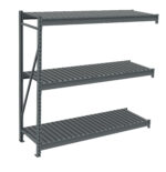 A gray metal storage rack with three horizontal shelves, designed for heavy-duty use. The rack has vertical support beams and a slatted design for each shelf, suitable for industrial or garage storage.