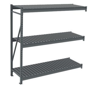 A gray metal storage rack with three horizontal shelves, designed for heavy-duty use. The rack has vertical support beams and a slatted design for each shelf, suitable for industrial or garage storage.