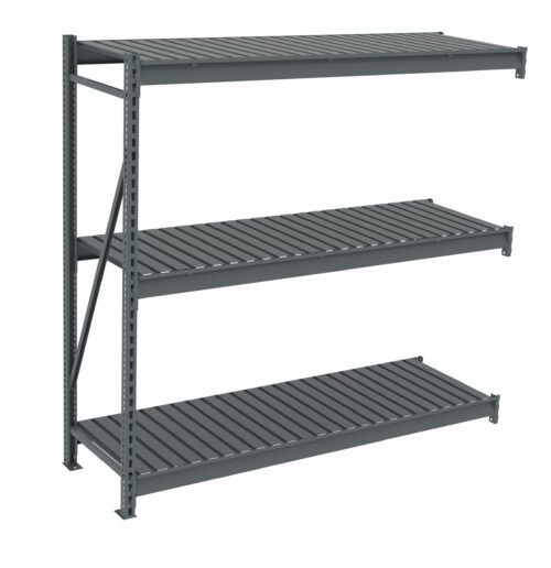 olcxxgrawxue4slcqm6q.jpg A gray metal storage rack with three horizontal shelves, designed for heavy-duty use. The rack has vertical support beams and a slatted design for each shelf, suitable for industrial or garage storage.