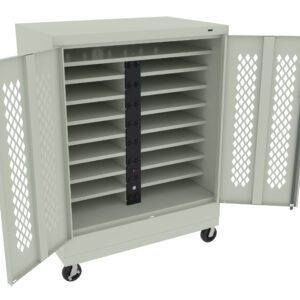 A beige mobile cabinet with open doors revealing multiple horizontal shelves. The cabinet has ventilation holes on the doors and is mounted on wheels. Theres a vertical power strip in the center of the cabinet interior.