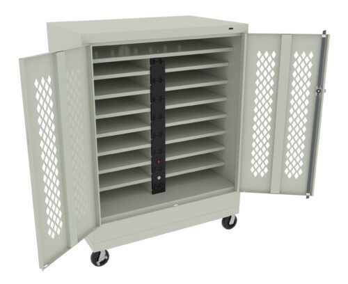 oldkahauunb1hqfu4vgx.jpg A beige mobile cabinet with open doors revealing multiple horizontal shelves. The cabinet has ventilation holes on the doors and is mounted on wheels. Theres a vertical power strip in the center of the cabinet interior.