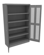 A gray metal storage cabinet with a patterned, partially open door. It features four adjustable shelves inside. The cabinet is empty and has a simple, industrial design.