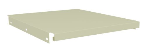 oljc9i2yggsyiaabhkvq.jpg A light beige metal shelf with a flat rectangular surface and raised edges. It has a smooth finish and features pre-drilled holes on the sides for easy mounting.