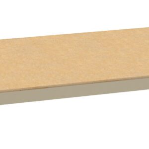 A rectangular, wooden shelf panel with a beige metal frame, viewed from the side at a slight angle. The surface is flat and smooth.