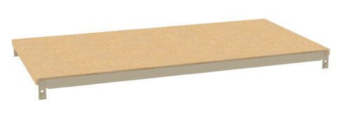 A rectangular, wooden shelf panel with a beige metal frame, viewed from the side at a slight angle. The surface is flat and smooth.