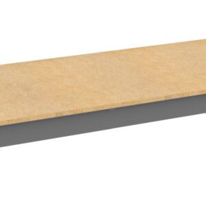 A long, rectangular wooden shelf with gray metal brackets on the sides, viewed from a slightly elevated angle. The wood has a light, natural finish.