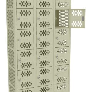 A beige metal locker unit with eight columns and five rows of lockers, each featuring a diamond-shaped ventilation pattern. One locker door is open, revealing an empty interior.
