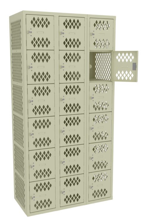 omcg6l1p5iht5zg0daqs.jpg A beige metal locker unit with eight columns and five rows of lockers, each featuring a diamond-shaped ventilation pattern. One locker door is open, revealing an empty interior.