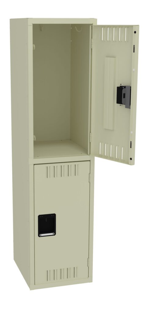 omkgktzu8wiyfpmxza1t.jpg A beige metal locker with two compartments. The upper door is open, showing an empty space, while the lower door is closed. Each door has small vents and handle slots. The locker stands upright against a plain background.