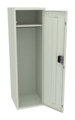 Open metal locker with one upper shelf and a single door ajar, revealing an empty interior. The locker is light gray and features a black handle.