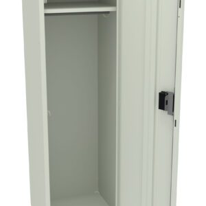 Open metal locker with one upper shelf and a single door ajar, revealing an empty interior. The locker is light gray and features a black handle.