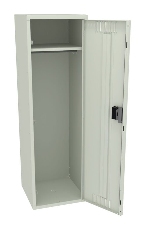 Open metal locker with one upper shelf and a single door ajar, revealing an empty interior. The locker is light gray and features a black handle.