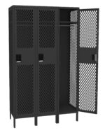 A row of three dark metal mesh lockers, with the middle one open, showing an empty interior with a shelf and hanging rod. The lockers have ventilation holes and are elevated on legs.