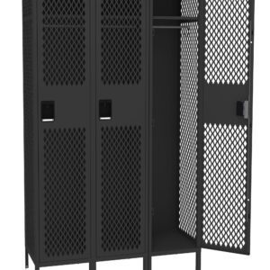 A row of three dark metal mesh lockers, with the middle one open, showing an empty interior with a shelf and hanging rod. The lockers have ventilation holes and are elevated on legs.