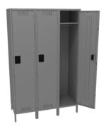 Three gray metal lockers, each with ventilation slots at the top and bottom. The left and center lockers are closed, while the right locker is open, showing a hanging rod inside. The lockers have black handles and stand on short legs.