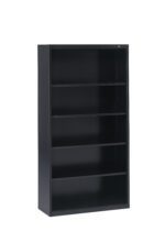 A black, tall metal bookshelf with five empty shelves, standing against a plain white background.