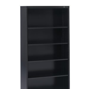 A black, tall metal bookshelf with five empty shelves, standing against a plain white background.