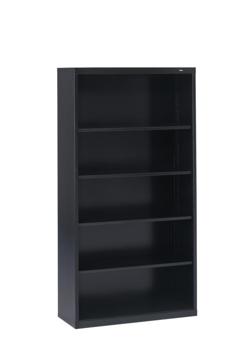 A black, tall metal bookshelf with five empty shelves, standing against a plain white background.