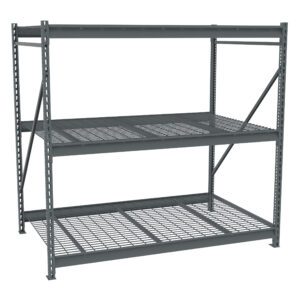 A large, industrial metal shelving unit with three mesh shelves and a sturdy frame. The design is open and metallic, intended for heavy-duty storage or warehouse use.