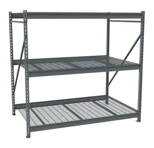 A large, industrial metal shelving unit with three mesh shelves and a sturdy frame. The design is open and metallic, intended for heavy-duty storage or warehouse use.