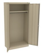 Beige metal storage cabinet with two doors, one open to reveal an empty interior. Inside, theres a horizontal hanging rod attached below an upper shelf. The cabinet is plain, showing a simple, functional design.