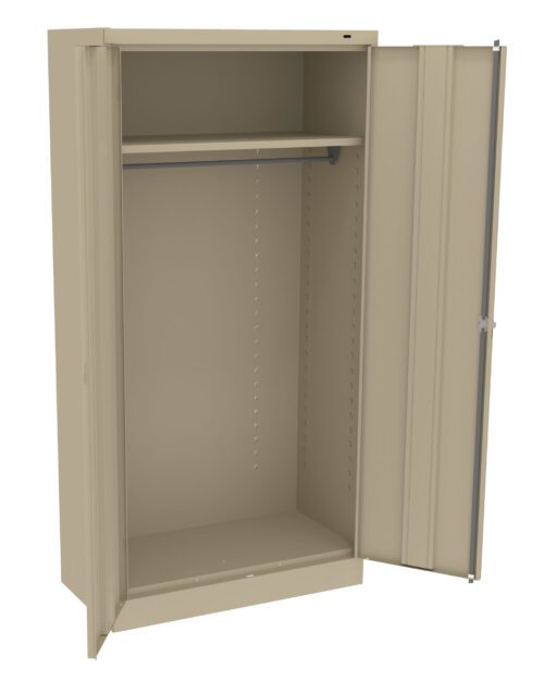 Beige metal storage cabinet with two doors, one open to reveal an empty interior. Inside, theres a horizontal hanging rod attached below an upper shelf. The cabinet is plain, showing a simple, functional design.