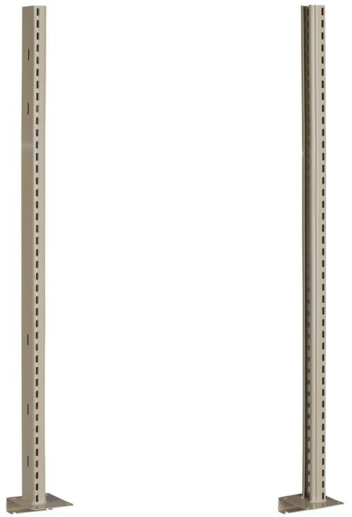 Two tall, vertical metal brackets positioned parallel to each other with holes for assembly, set against a plain white background.