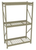A metal storage rack with three shelves and a grid design. The shelves have a rugged, industrial look and the frame is reinforced with diagonal support beams. The structure is painted in an olive green color.