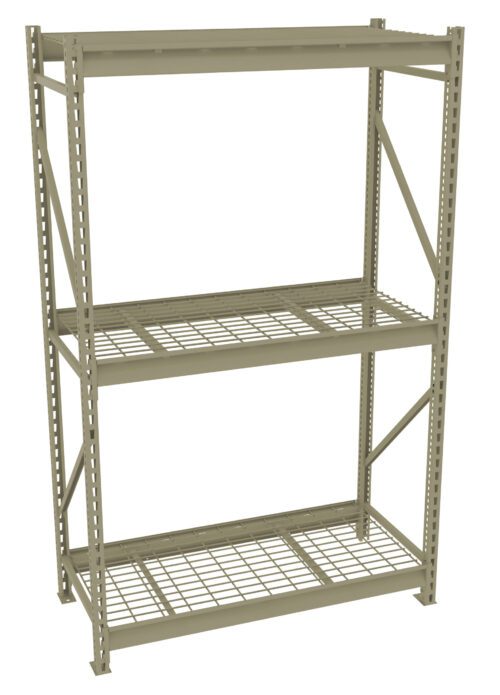 A metal storage rack with three shelves and a grid design. The shelves have a rugged, industrial look and the frame is reinforced with diagonal support beams. The structure is painted in an olive green color.