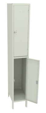 A tall, light gray metal storage locker with two compartments. The upper compartment is closed, and the lower compartment is open, showing an empty interior. The locker stands on four legs.