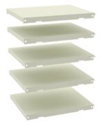 Isometric view of five green metal shelves stacked vertically in a staggered pattern against a white background. Each shelf has four small holes at the corners, possibly for mounting.