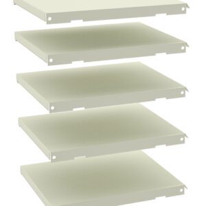 Isometric view of five green metal shelves stacked vertically in a staggered pattern against a white background. Each shelf has four small holes at the corners, possibly for mounting.