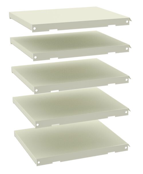 Isometric view of five green metal shelves stacked vertically in a staggered pattern against a white background. Each shelf has four small holes at the corners, possibly for mounting.