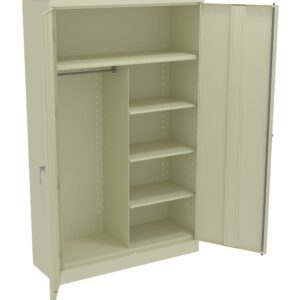 Open beige cabinet with multiple shelves on the right side and a hanging rod on the left side. Two doors are partially open, displaying the interior storage options.