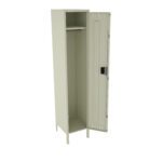 A tall, beige metal locker with one door open. The interior features a single shelf at the top and a hook for hanging items. The locker stands on four legs.