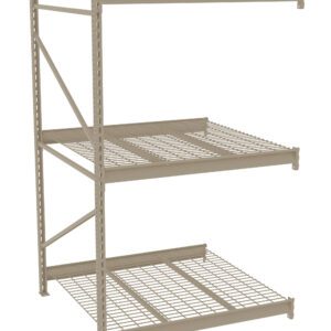 A beige metal shelving unit with three wire mesh shelves. The unit is freestanding with vertical supports and adjustable shelf heights. Its designed for storage and organization in industrial or garage settings.