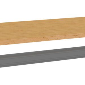 A rectangular wooden board is positioned above a gray metal support beam. The wood has a light, natural finish, while the metal beam is sleek and modern, with a flat surface and subtle angular detailing.