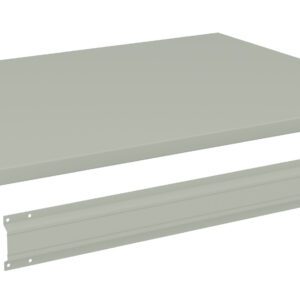A flat, rectangular, light gray metal shelf with a detached matching metal bracket shown below it. The bracket has holes for mounting. The items are displayed on a plain white background.