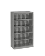 A tall, gray metal shelving unit with multiple adjustable shelves. Each shelf has several vertical dividers, creating separate slots for storage or organization. The unit is empty and stands on a white background.