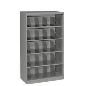 A tall, gray metal shelving unit with multiple adjustable shelves. Each shelf has several vertical dividers, creating separate slots for storage or organization. The unit is empty and stands on a white background.