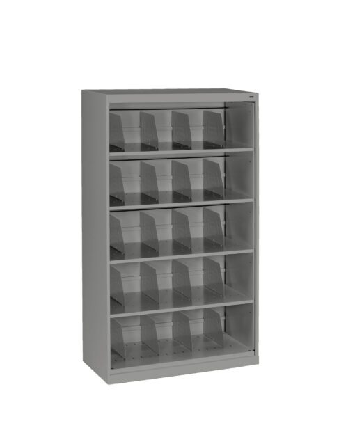 A tall, gray metal shelving unit with multiple adjustable shelves. Each shelf has several vertical dividers, creating separate slots for storage or organization. The unit is empty and stands on a white background.