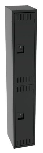 A tall, black metal locker with two compartments, each featuring a small vented section and a lock. The locker is standing upright with a sleek, minimalist design.