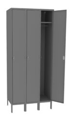 A gray metal locker with three compartments stands on a white background. The left and middle doors are closed, while the right door is open, revealing a clothes hook and a shelf inside. The locker is elevated on legs.