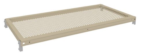 opahe0eliuq5i1hgwtdu.jpg A beige perforated metal shelf with rounded edges and small evenly spaced holes. The shelf has brackets on the corners for mounting and is set against a white background.
