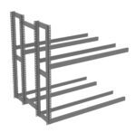 Steel cantilever rack with multiple horizontal arms extending from a vertical frame, designed for storage of long items. The rack is shown from an angle, highlighting its structure and support beams.