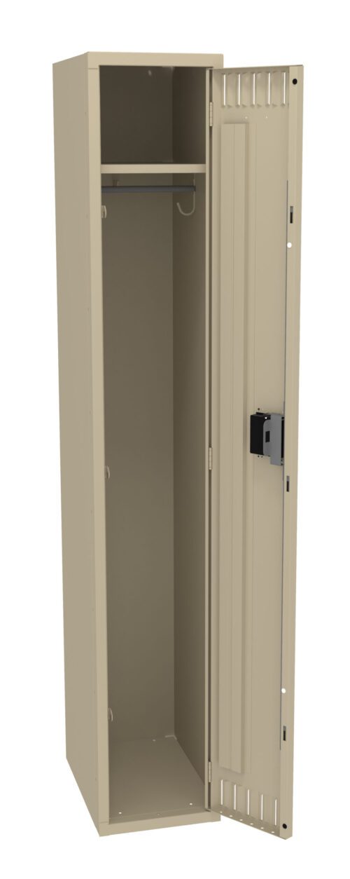 opufukypjuupu2guj7kg.jpg A tall, beige metal locker with its door open, showing an empty interior. It features a rail with a hook inside and a lock mechanism on the door.