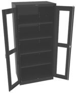 A black metal cabinet with transparent glass doors, both doors open outward. The cabinet has multiple adjustable shelves inside, providing ample storage space. The design is modern and functional, suitable for various storage needs.