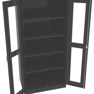 A black metal cabinet with transparent glass doors, both doors open outward. The cabinet has multiple adjustable shelves inside, providing ample storage space. The design is modern and functional, suitable for various storage needs.