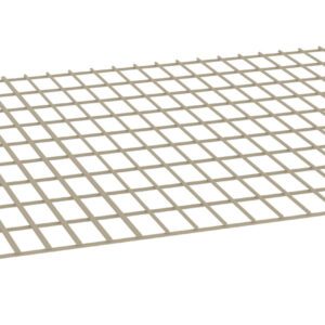 A rectangular metal grid panel with evenly spaced square openings, viewed from an angle. The grid is beige and positioned flat on a white background.